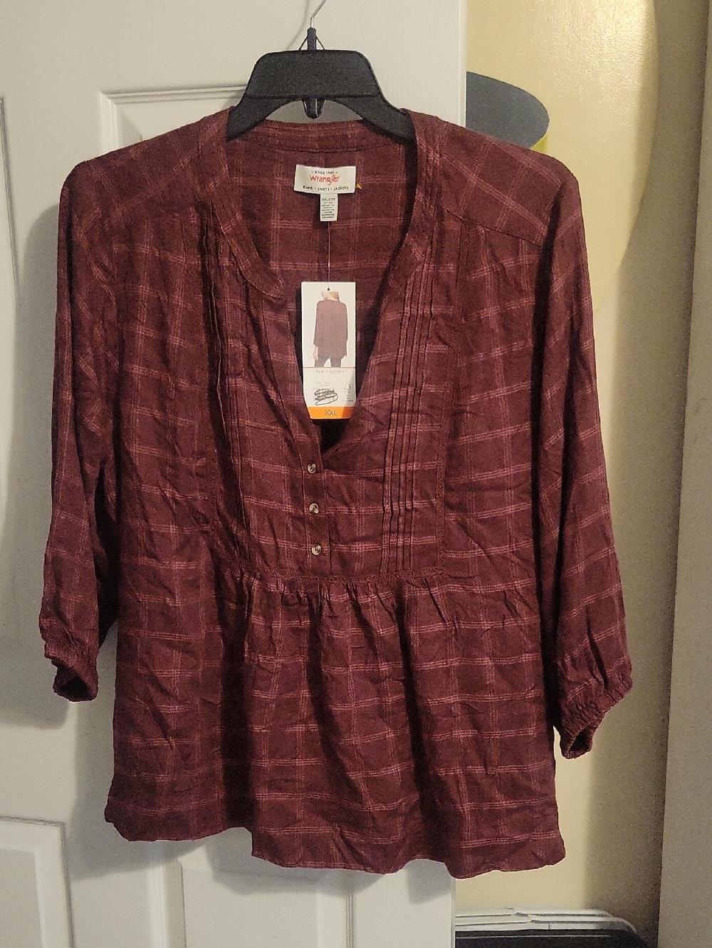 Wrangler SzXXL Women's Maroon/Brown Plaid Pintuck 3/4 Button downTunic